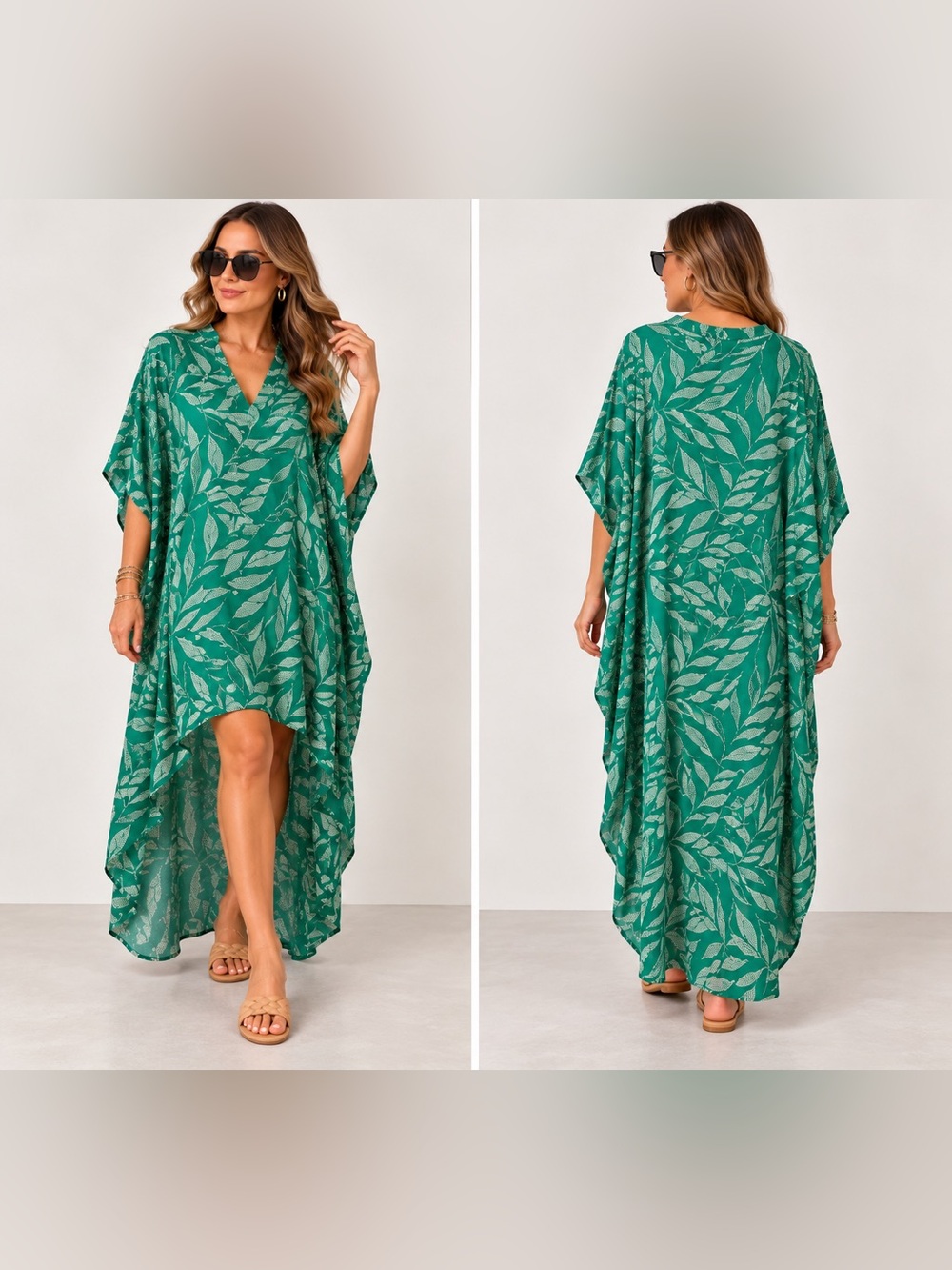 Tyche Women’s Green Tropical Leaf Print High-Low Kaftan Maxi Dress – Size Medium